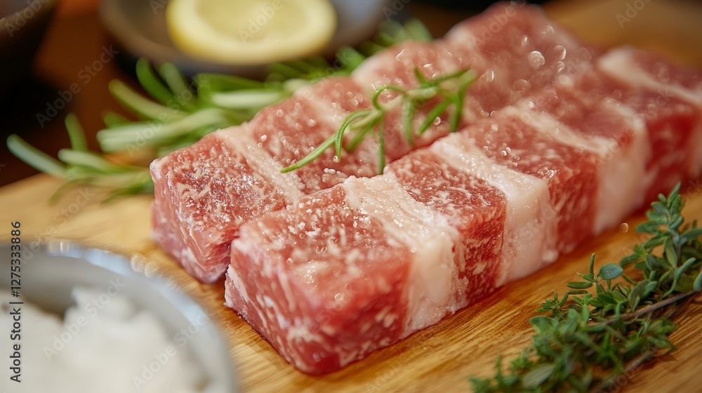 Fresh cuts of meat arranged on a wooden board with herbs and lemon for culinary presentation. Fresh cuts of meat arranged on a wooden board with herbs and lemon for culinary presentation.