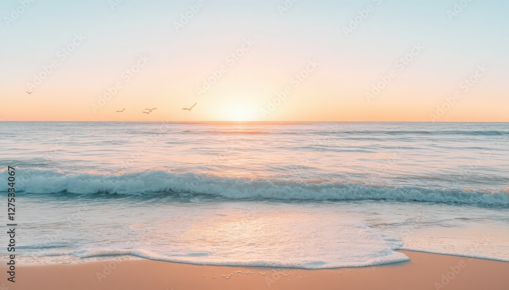 Pastel Sunset Over Calm Ocean Waves on Sandy Beach Pastel Sunset Over Calm Ocean Waves on Sandy Beach