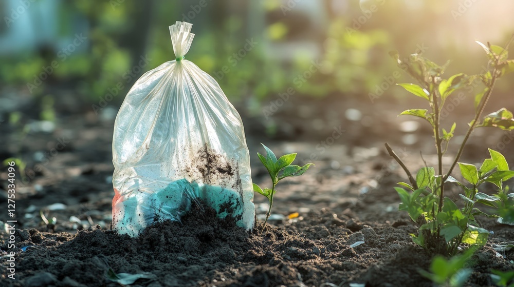 Plastic Bag Full of Soil on Ground Near Green Plant in Sunlight Plastic Bag Full of Soil on Ground Near Green Plant in Sunlight