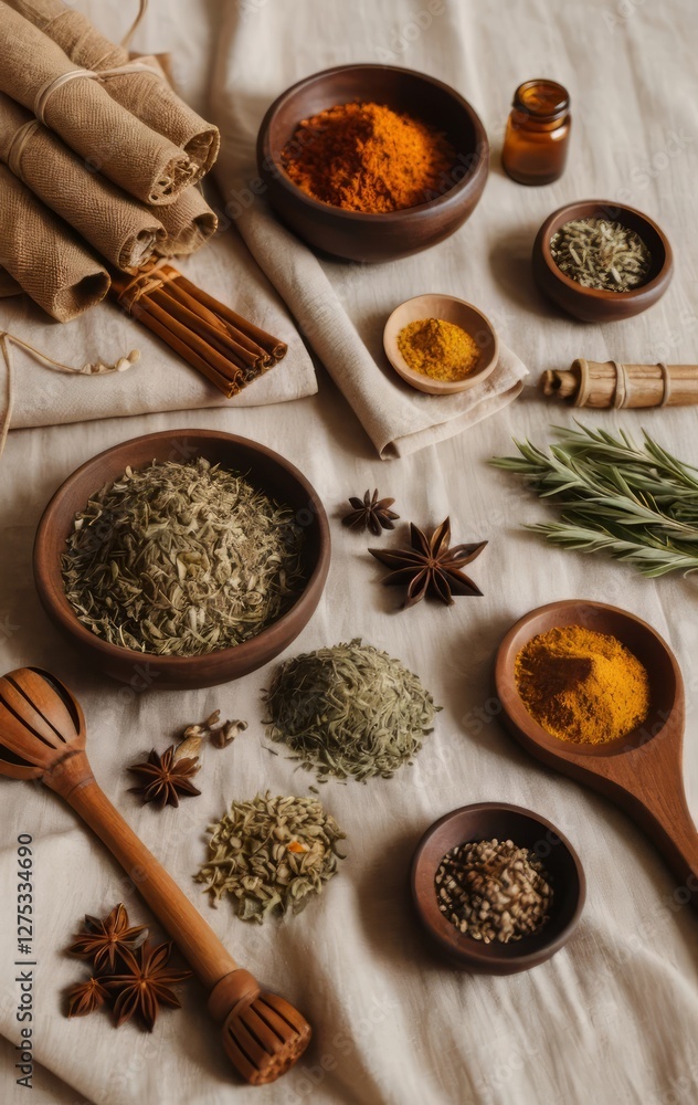 Assorted Ayurvedic Herbs in a Wooden Bowl on Linen Assorted Ayurvedic Herbs in a Wooden Bowl on Linen
