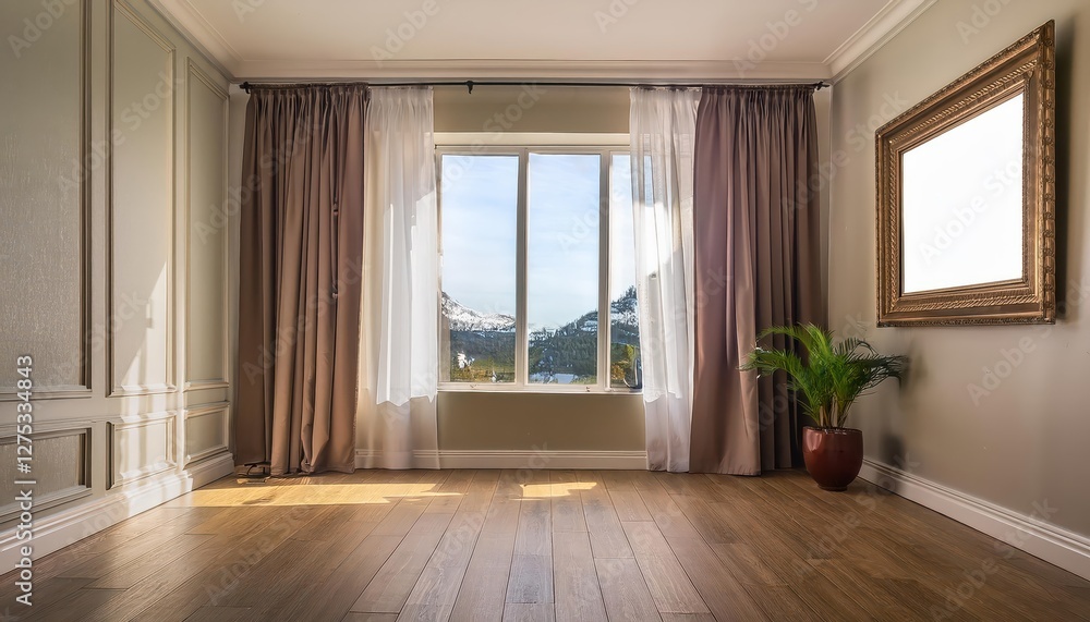 Cozy Interior Scene Draped Curtains Frame an Evening Scene through a Window, Featuring a Realistic Mockup of a Painted Photo, Bathed in Soft Hues and Radiating Tranquil Ambience. Cozy Interior Scene Draped Curtains Frame an Evening Scene through a Window, Featuring a Realistic Mockup of a Painted Photo, Bathed in Soft Hues and Radiating Tranquil Ambience.