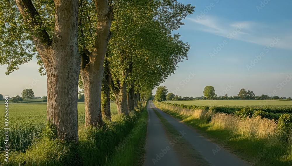 Summer Country Road Lined with Trees and Green Fields Summer Country Road Lined with Trees and Green Fields