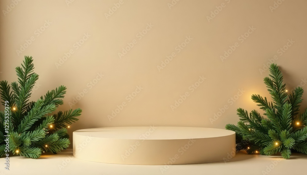 Twinkling lights and lush greenery adorn this simple yet elegant beige-painted podium, holiday decor, Winter wonderland, beige Twinkling lights and lush greenery adorn this simple yet elegant beige-painted podium, holiday decor, Winter wonderland, beige