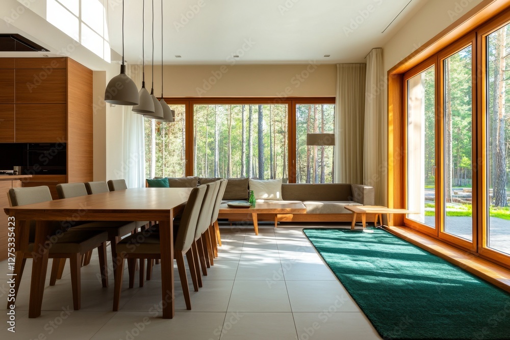 Modern dining room, sunlight, forest view, home design Modern dining room, sunlight, forest view, home design