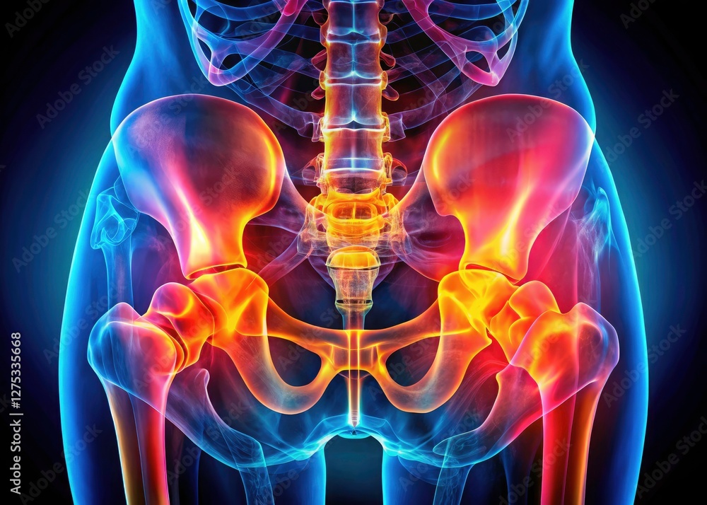 Medical imaging (X-ray, bone scan) diagnoses hip joint arthritis, fractures, and assesses bone density for orthopedic intervention. Medical imaging (X-ray, bone scan) diagnoses hip joint arthritis, fractures, and assesses bone density for orthopedic intervention.