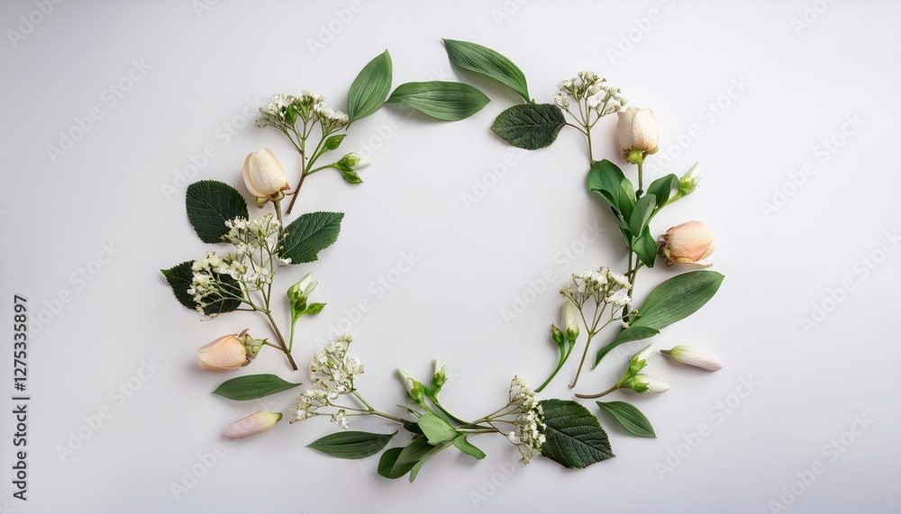 Fresh Flower Buds, Leaves and Branches in a Round Frame Wreath Pattern against a White Background Vibrant Natures Beauty on a Minimalist Canvas Fresh Flower Buds, Leaves and Branches in a Round Frame Wreath Pattern against a White Background Vibrant Natures Beauty on a Minimalist Canvas