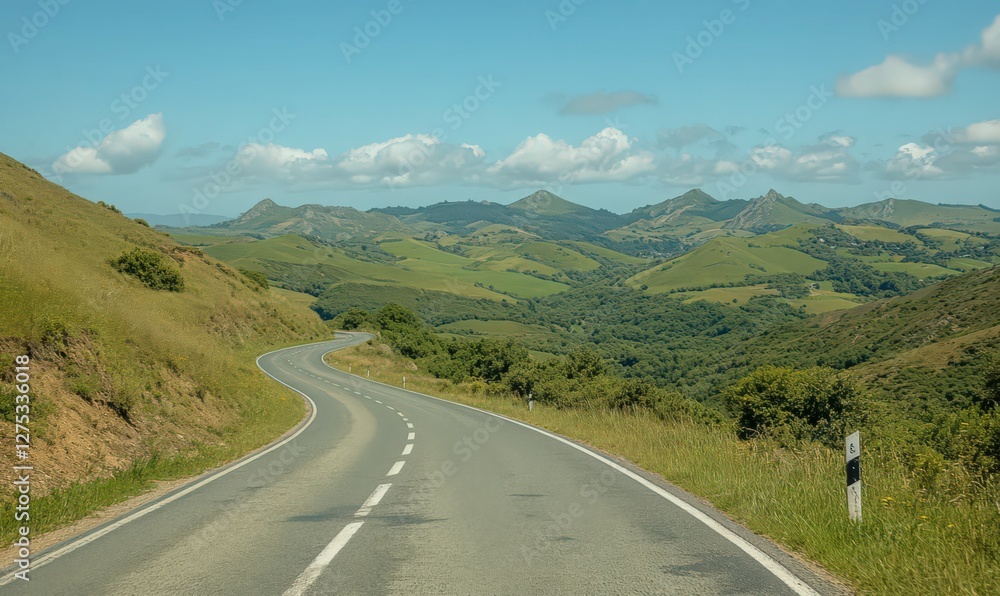 Naklejka premium Asphalt Road Winding Through Verdant Valley Under Blue Sky