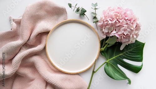 Whimsical Pastel Dreamscape Hydrangea Bouquet and Eucalyptus Branch in a Round Frame, Bathed in a Soft Pink Atmosphere, Perfect for Digital Art, Home Decor, or Design Inspiration.