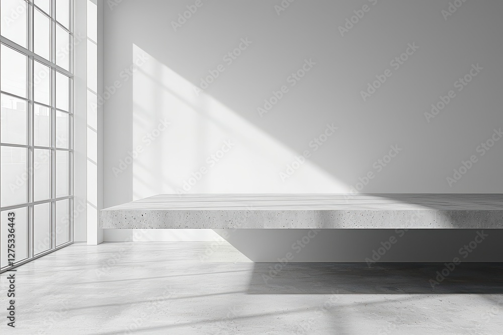 Fototapeta premium Minimalist Interior Space with Concrete Platform and Natural Light Streaming Through Large Windows