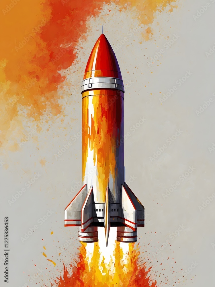 Flame of Ascent: Stylized Rocket in Vibrant Colors Flame of Ascent: Stylized Rocket in Vibrant Colors
