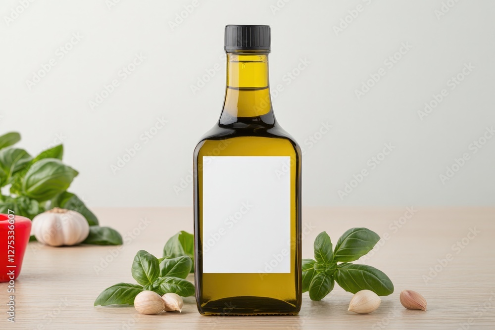 Glass bottle filled with oil surrounded by fresh herbs and garli Glass bottle filled with oil surrounded by fresh herbs and garli