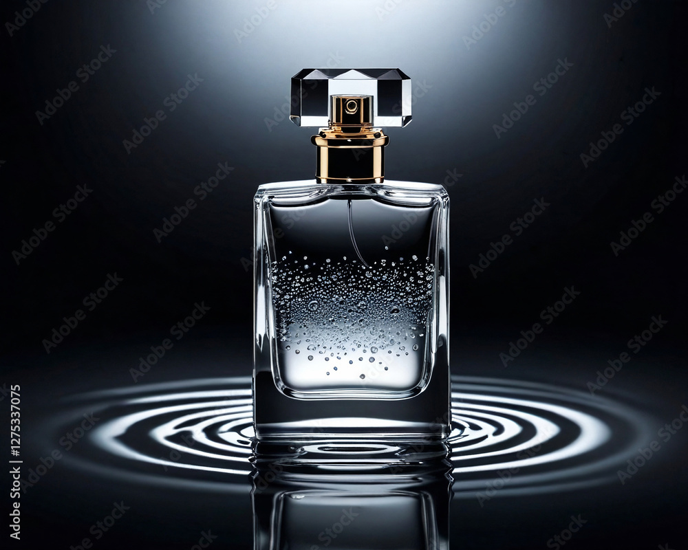 A bottle of men's perfume on the water, with a black background A bottle of men's perfume on the water, with a black background