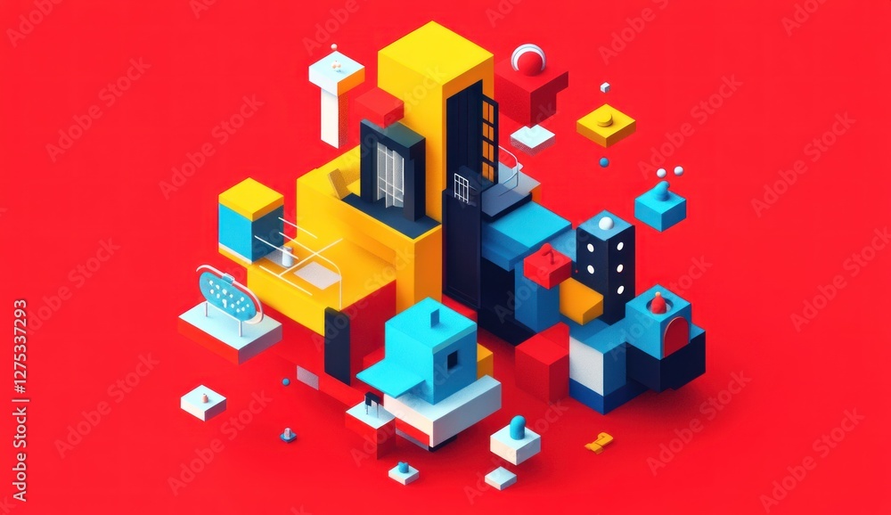 Abstract isometric composition of colorful geometric shapes and buildings on red background.