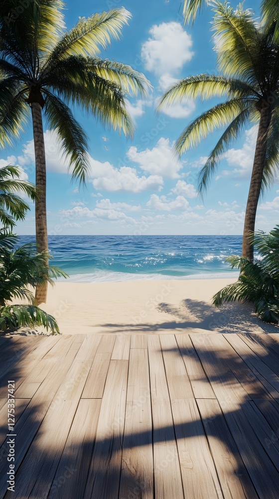 Fototapeta premium A luxurious wooden deck overlooking a tropical beach with palm trees swaying