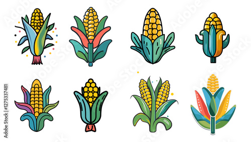 Sets icon collection of Stylized illustrations corn cobs with varying designs and colors, highlighting the artistic diversity of corn
