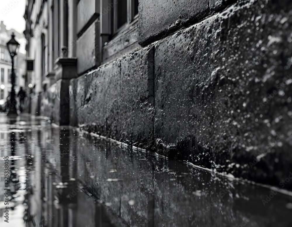 Fototapeta premium Rainy Street Scene in Black and White Reflecting City Architecture