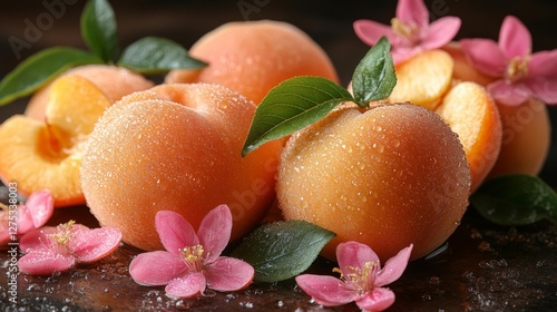 Fresh Peaches with Water Droplets and Pink Flowers on Dark Wood. Generative AI photo