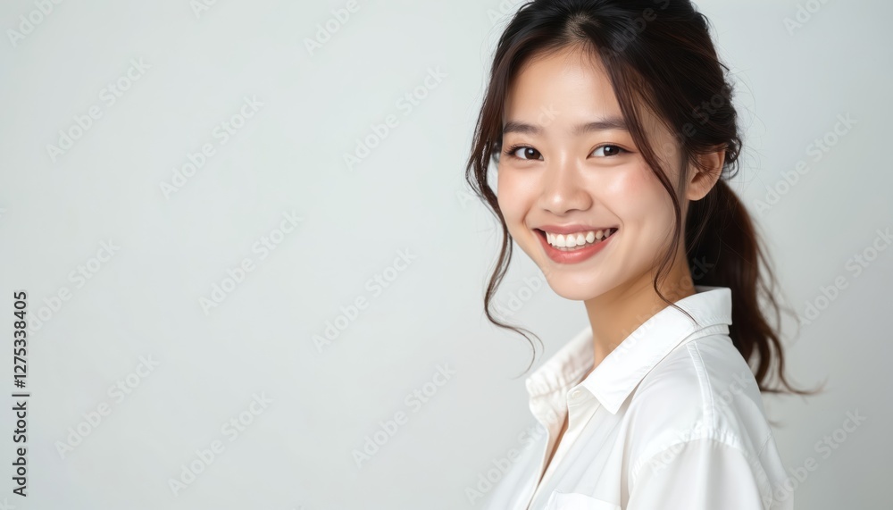 Charming asian girl smiles. Friendly woman in white shirt looks at camera radiating joy. Positive emotions, youth, beauty and naturalness. Happy employee, portrait format photo. Charming asian girl smiles. Friendly woman in white shirt looks at camera radiating joy. Positive emotions, youth, beauty and naturalness. Happy employee, portrait format photo.