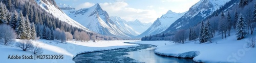 Wallpaper Mural Snow-covered mountains with a frozen river flowing through the valley, peaceful, alpine Torontodigital.ca