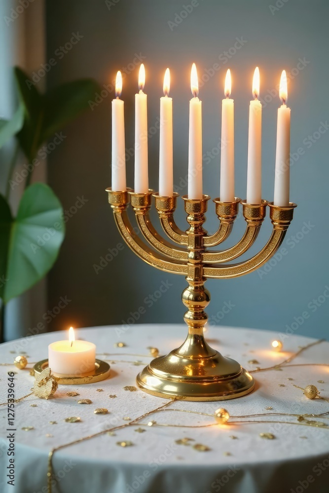 Shining gold menorah with lit candles on a decorative table, decoration, holiday Shining gold menorah with lit candles on a decorative table, decoration, holiday