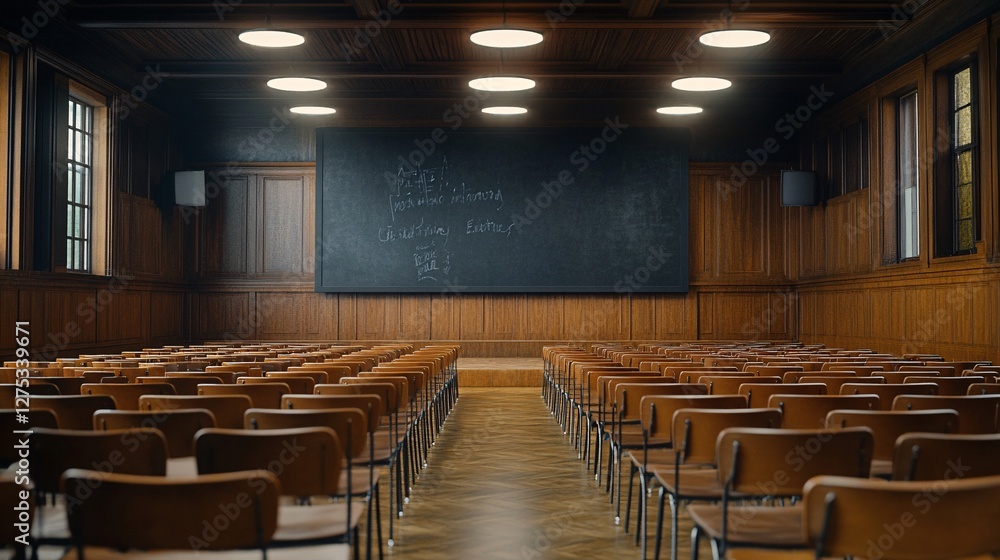 Empty Classroom Interior with Wooden Chairs and Black Chalkboard Empty Classroom Interior with Wooden Chairs and Black Chalkboard