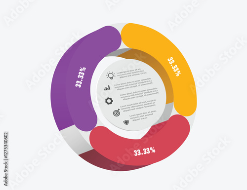 100% 3 color pie chart divided into 3 equal sections of 33.33% each for investing infographic designs. Profit sharing of an organization or company, vector 3d illustration isolated