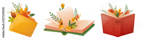 Autumn books collection with fallen leaves, blooming flowers, tender plants in paper literature. Seasonal cozy reading illustrations with natural decorative elements. Vintage textbooks with plants.