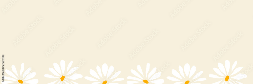Naklejka premium Floral backdrop with border of blooming flowers and leaves. Design of horizontal banner, place for a text