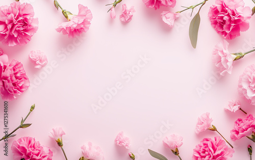 Pink carnations arranged on pastel background with copy space  
