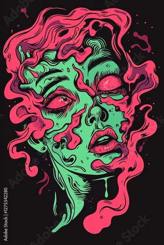 Psychedelic Woman Face  Abstract Portrait  Vaporwave Art