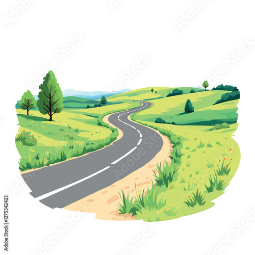 Winding road through green hills in summer landscape