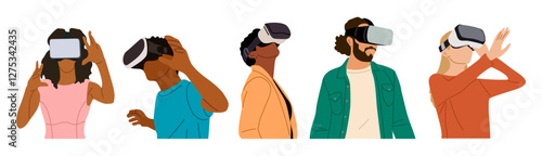 Set of diverse people in virtual reality headset. Different Men and women wearing digital glasses travel in metaverse. Modern technologies. Flat Vector illustrations isolated