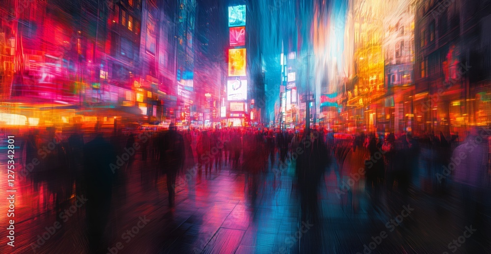 Obraz premium Vibrant Neon City Street at Night with Motion Blur and Crowds