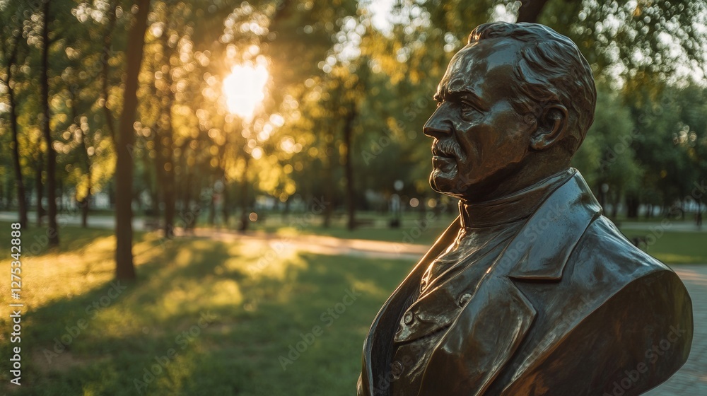 Bronze statue in park during golden hour with sunlight shining