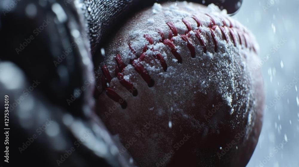 Obraz premium A close-up of a baseball in a player’s hand during playoffs. Featuring grip and technique