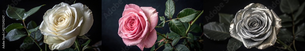 Three delicate roses in subtle and metallic shades. Three delicate roses in subtle and metallic shades.