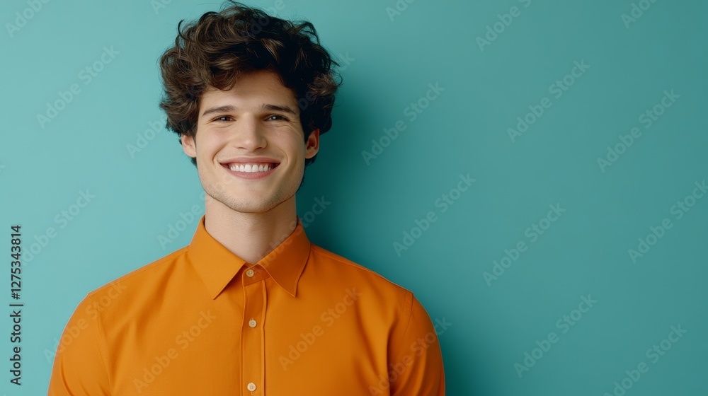 Fototapeta premium Young man smiling brightly in orange shirt against vibrant turquoise background, showcasing joy and confidence