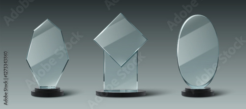 Glass trophy set with different shapes - rectangle, diamond, oval mounted on black bases. Transparent empty crystal awards with polished surfaces for corporate ceremonies, competitions, recognitions.