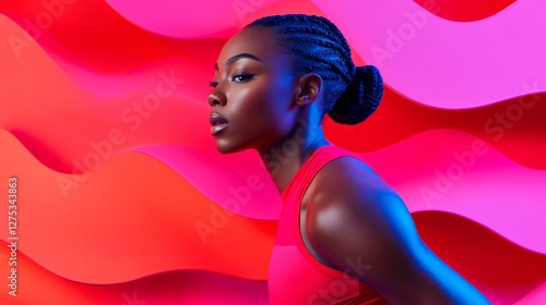 Beautiful young woman in vibrant fitness wear on colorful wavy background showcasing athleticism and confidence in a modern aesthetic