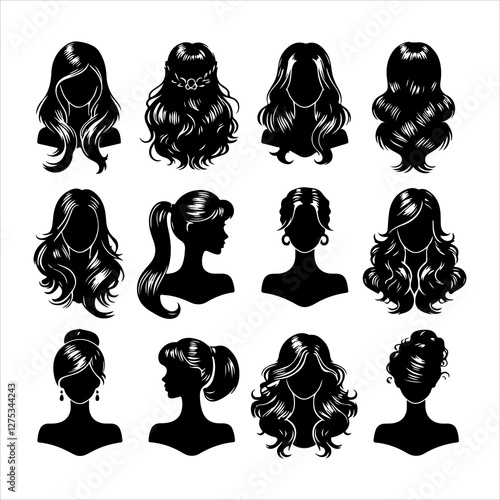 Set of women wigs hairstyle silhouette vector.  Variety female hairstyles vector illustration