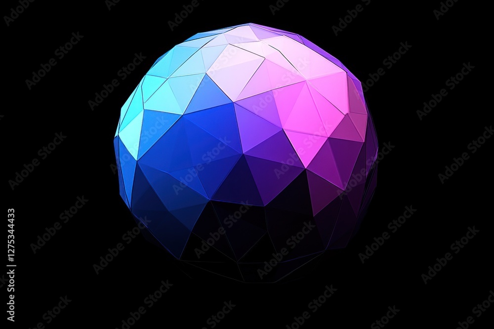 Abstract low-poly sphere with blue, pink, and purple gradient on black background. Abstract low-poly sphere with blue, pink, and purple gradient on black background.
