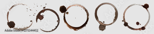 Coffee stain circle marks set of brown rings with splashes and blotches. Textured round borders from beverage drops and spots. Natural dried liquid traces. Hot drink cup dirty stamp and splatters.