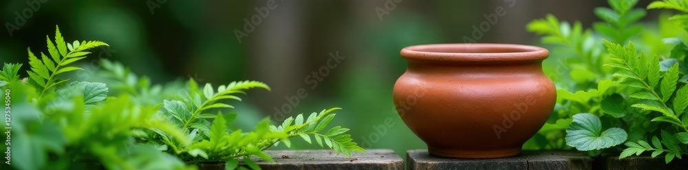 Handmade clay pot nestled among ferns on a wooden fence, clay, foliage Handmade clay pot nestled among ferns on a wooden fence, clay, foliage