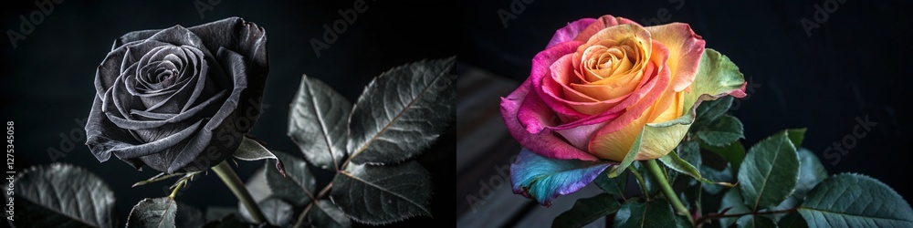 Two roses, one in black and one in vibrant rainbow colors. Two roses, one in black and one in vibrant rainbow colors.