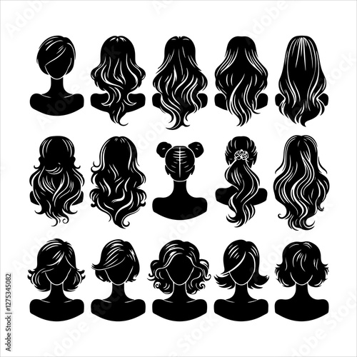 Set of women wigs hairstyle silhouette vector.  Variety female hairstyles vector illustration