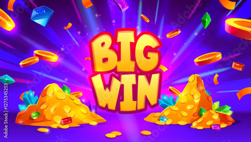 Big Win jackpot banner with flying coins and sparkling gemstones on vibrant purple background. Golden money piles with crystal gems, colorful diamond shapes, radiant beams for casino slot game victory