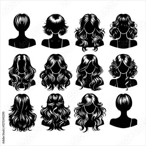 Set of women wigs hairstyle silhouette vector.  Variety female hairstyles vector illustration