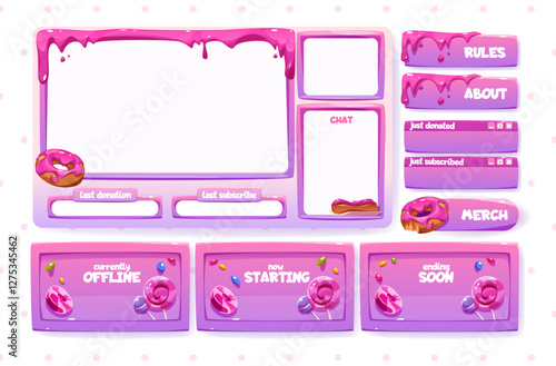 Stream overlay screen set - sweet dessert elements with dripping frames, donation alerts, chat window, subscriber notifications, stream status screens. Pink and purple panels with candy decorations