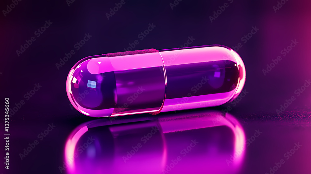 Pink Capsule on Dark Reflective Surface with Purple Gradient Background Pink Capsule on Dark Reflective Surface with Purple Gradient Background