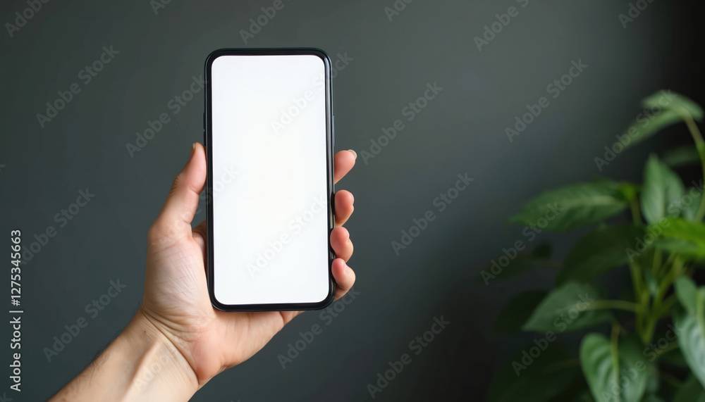 Hand holds phone with blank white screen. Dark gray background with blurred green plant. Mobile device mockup for app presentation. Clean tech innovation for business. Hand holds phone with blank white screen. Dark gray background with blurred green plant. Mobile device mockup for app presentation. Clean tech innovation for business.